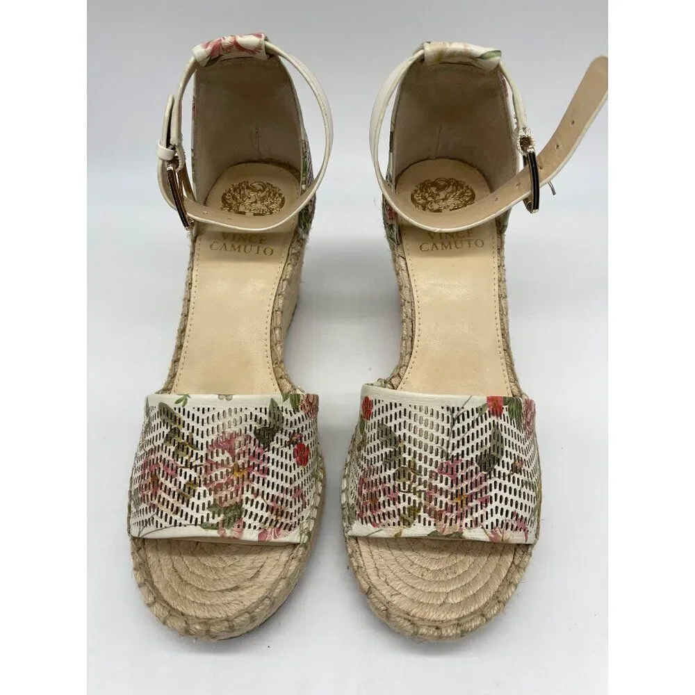 Vince Camuto Women Floral Leerata Wedged Espadrille Sandals Size 9